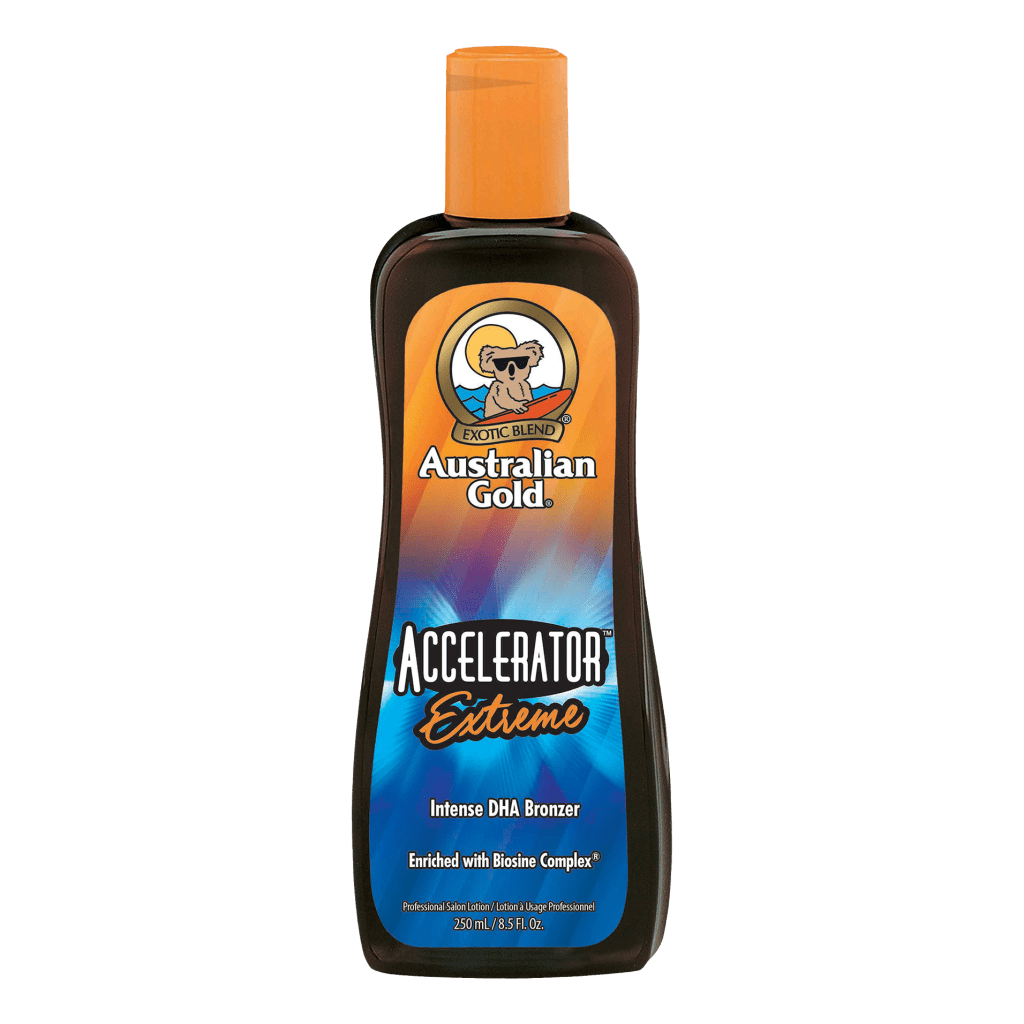 Accelerator Extreme tanning lotion bottle with rich formula to intensify dark colour and deeply nourish skin.