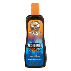Accelerator Extreme tanning lotion bottle with rich formula to intensify dark colour and deeply nourish skin.