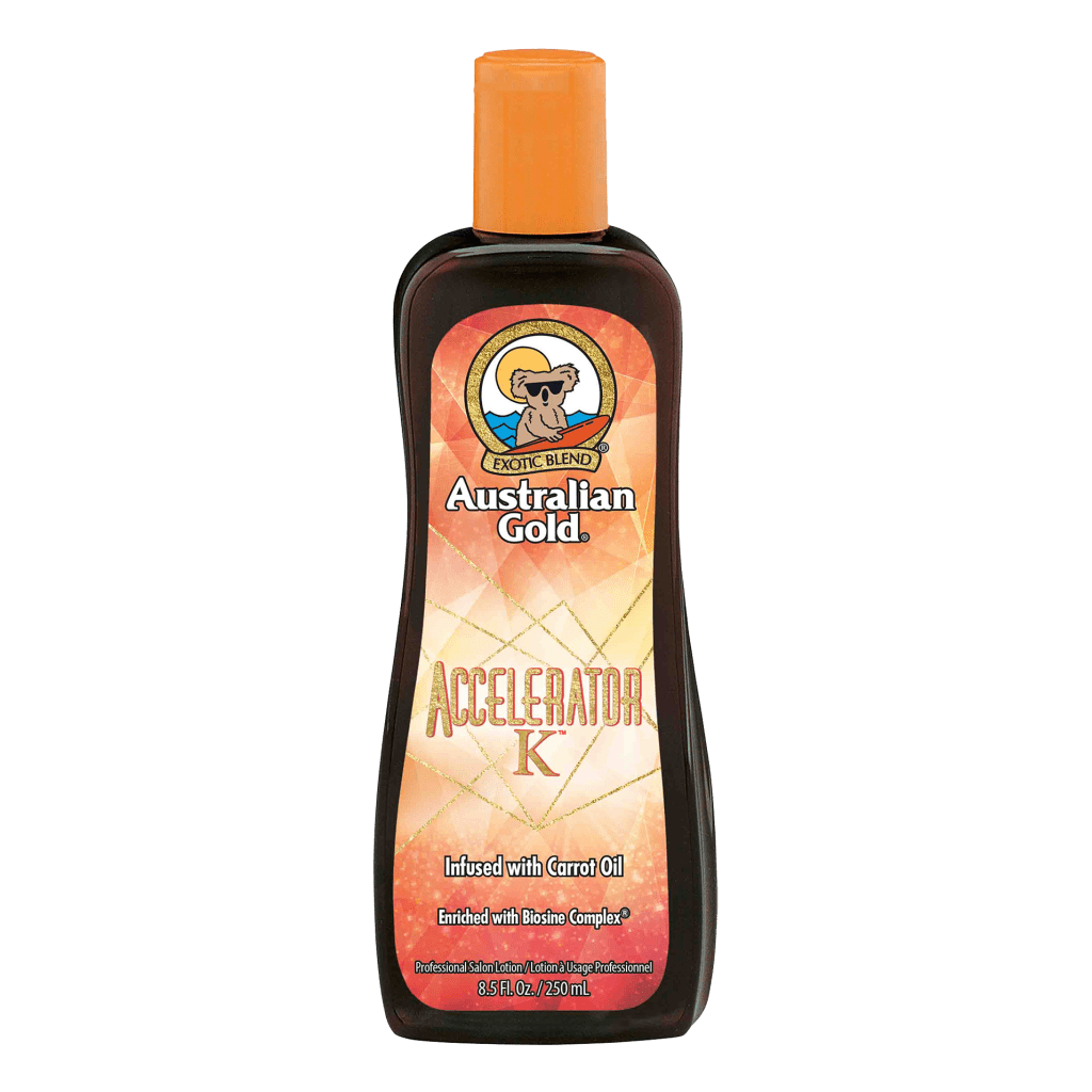 Accelerator K tanning lotion bottle with triple carrot blend and biosine complex to boost natural tan and hydrate skin.