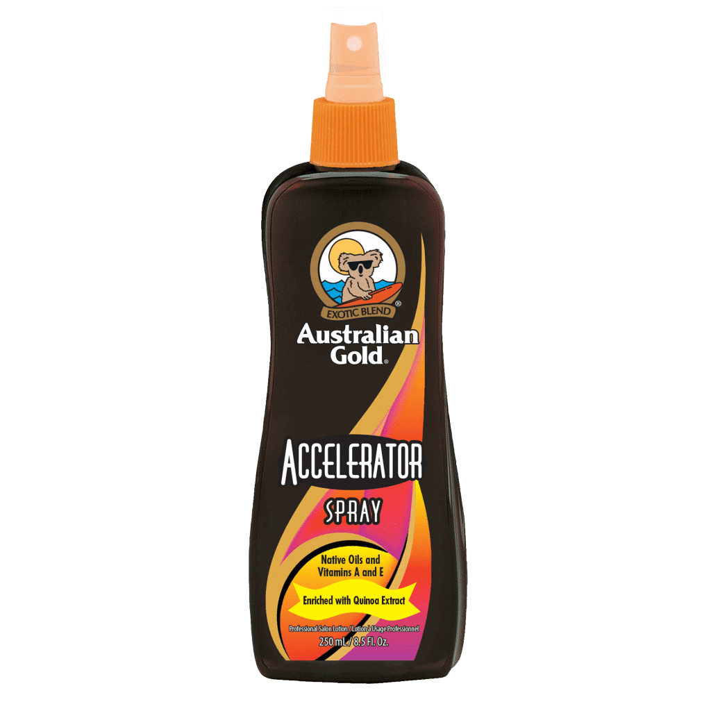 Accelerator Spray tanning lotion bottle with fine mist formula that hydrates and boosts natural skin colour.