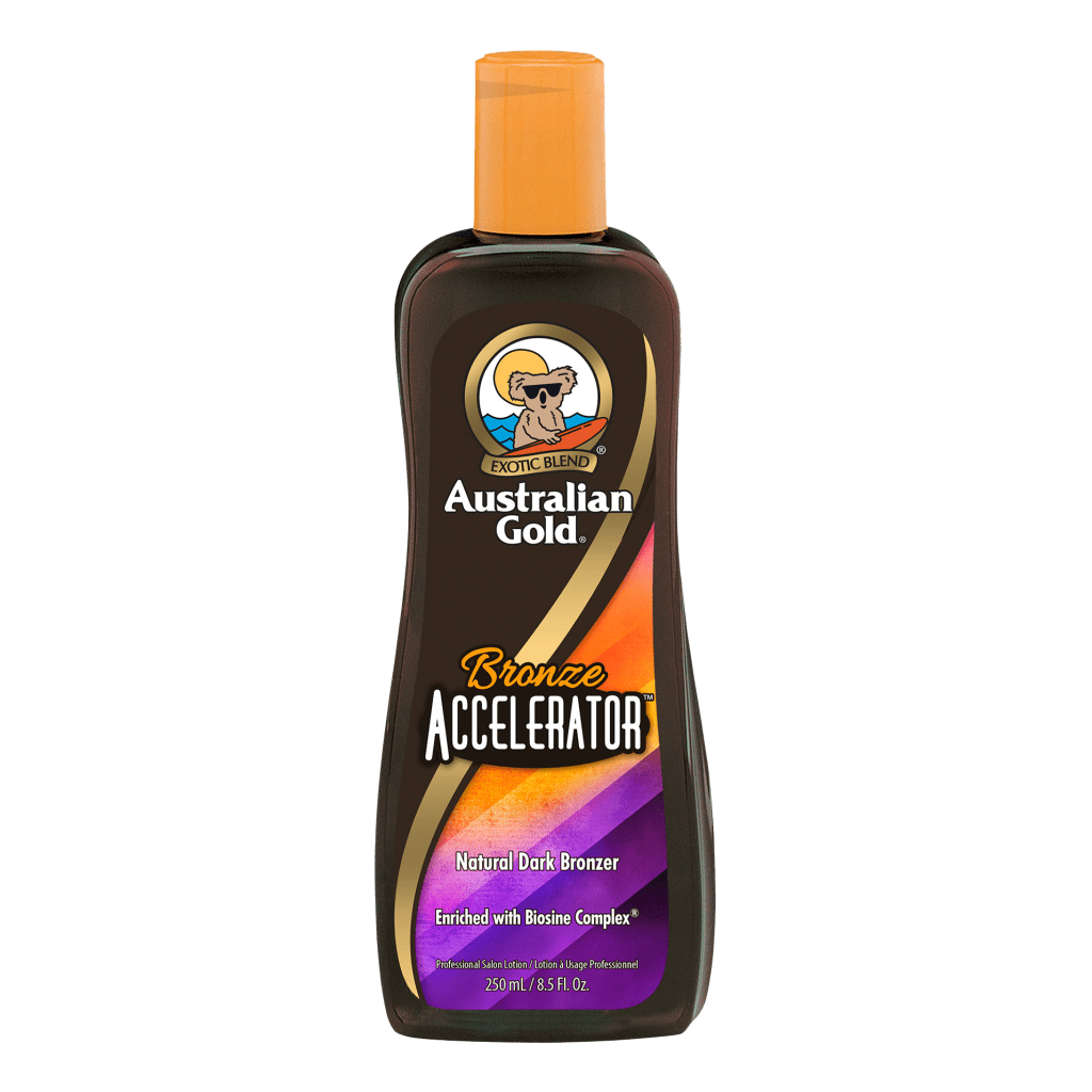 Bronze Accelerator tanning lotion bottle with skin nourishing formula to enhance natural bronze colour and glow.