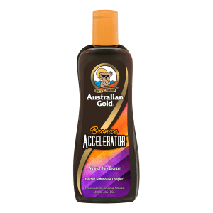 Bronze Accelerator tanning lotion bottle with skin nourishing formula to enhance natural bronze colour and glow.