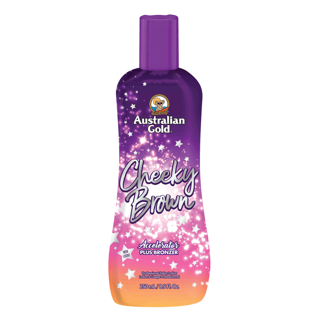 Cheeky Brown tanning lotion bottle with natural bronzers and aloe to deliver instant bronzed glow and hydrated skin.