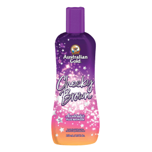Cheeky Brown tanning lotion bottle with natural bronzers and aloe to deliver instant bronzed glow and hydrated skin.