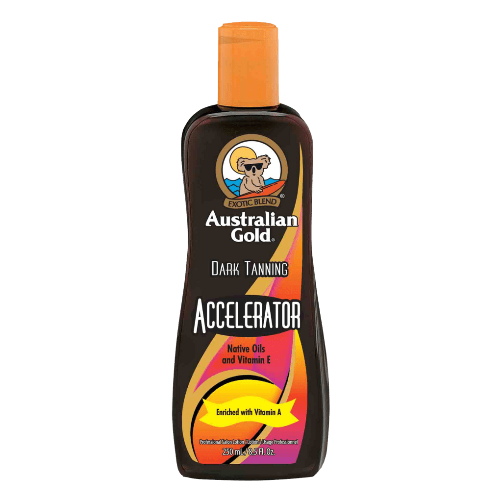 Dark Tanning Accelerator lotion bottle with colour boosting formula that hydrates skin and intensifies natural glow.