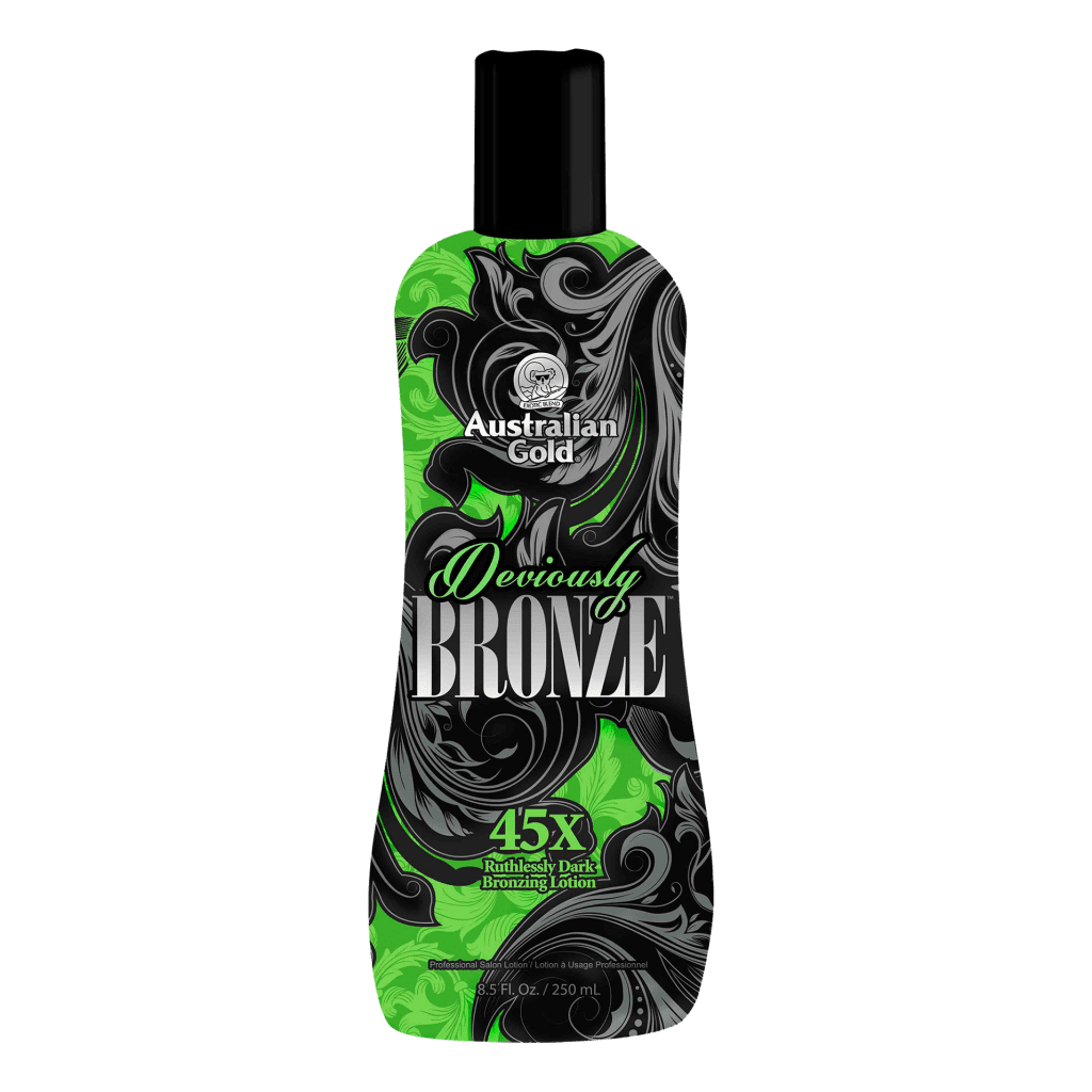 Deviously Bronze tanning lotion bottle with natural bronzers and skin nourishing botanicals for deep glowing tan.