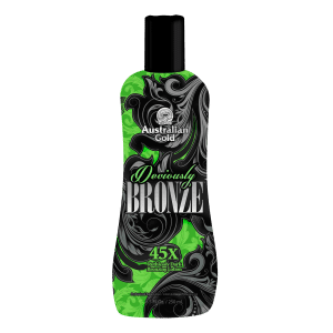 Deviously Bronze tanning lotion bottle with natural bronzers and skin nourishing botanicals for deep glowing tan.