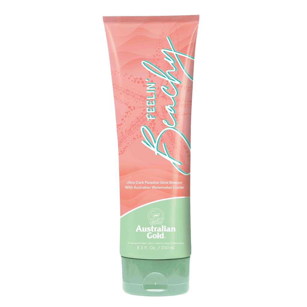Feelin Beachy Ultra Dark tanning lotion bottle with tropical watermelon formula to nourish skin and create radiant tan.