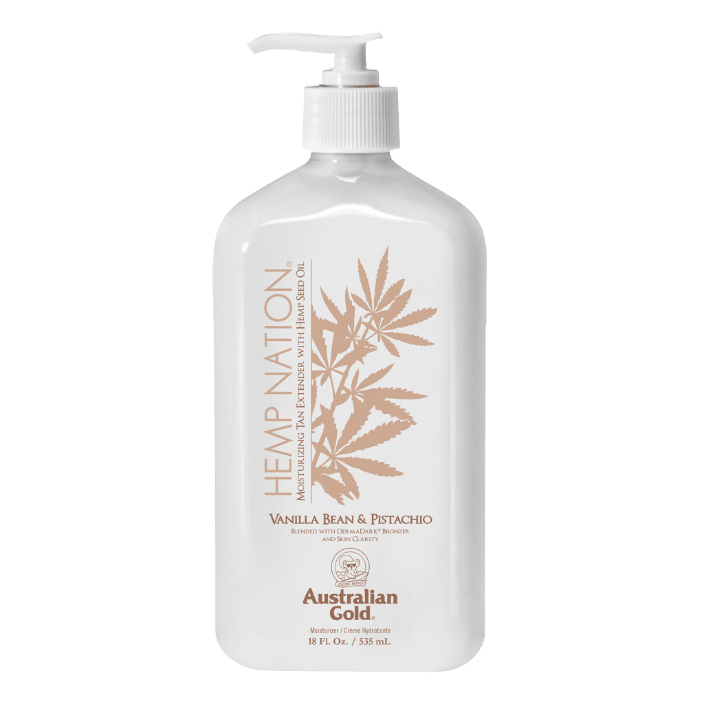 Hemp Nation Vanilla Bean and Pistachio lotion bottle with rich oils to hydrate skin and extend natural tanning results.