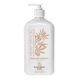 Hemp Nation Vanilla Bean and Pistachio lotion bottle with rich oils to hydrate skin and extend natural tanning results.
