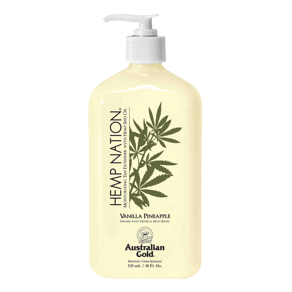 Hemp Nation Vanilla Pineapple tan extender bottle with tropical fruit blend that nourishes skin and prolongs colour.