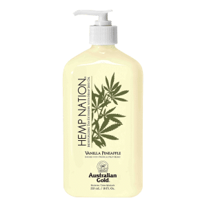 Hemp Nation Vanilla Pineapple tan extender bottle with tropical fruit blend that nourishes skin and prolongs colour.