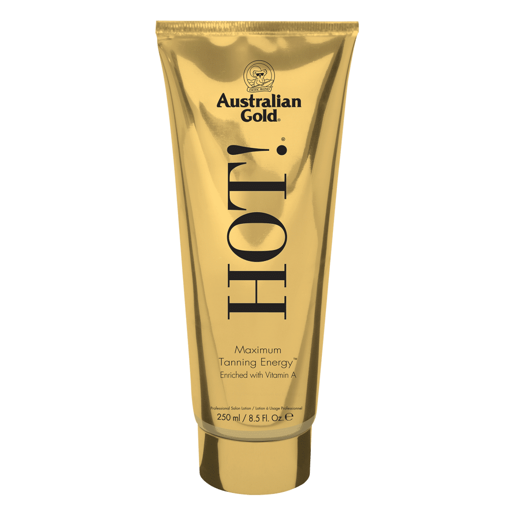 Australian Gold Hot tanning lotion bottle with aloe enriched formula for deeper more even glowing skin.