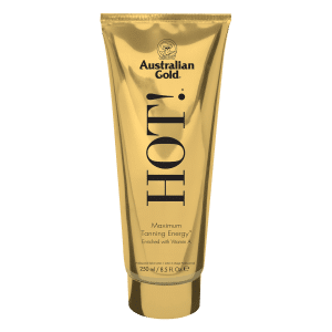 Australian Gold Hot tanning lotion bottle with aloe enriched formula for deeper more even glowing skin.