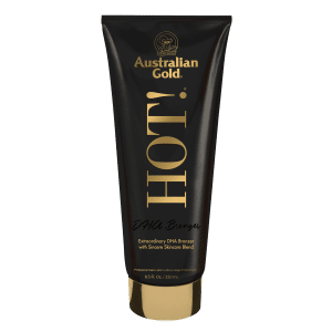Hot DHA Bronzer tanning lotion bottle with natural DHA and aloe formula for deep rich radiant colour.