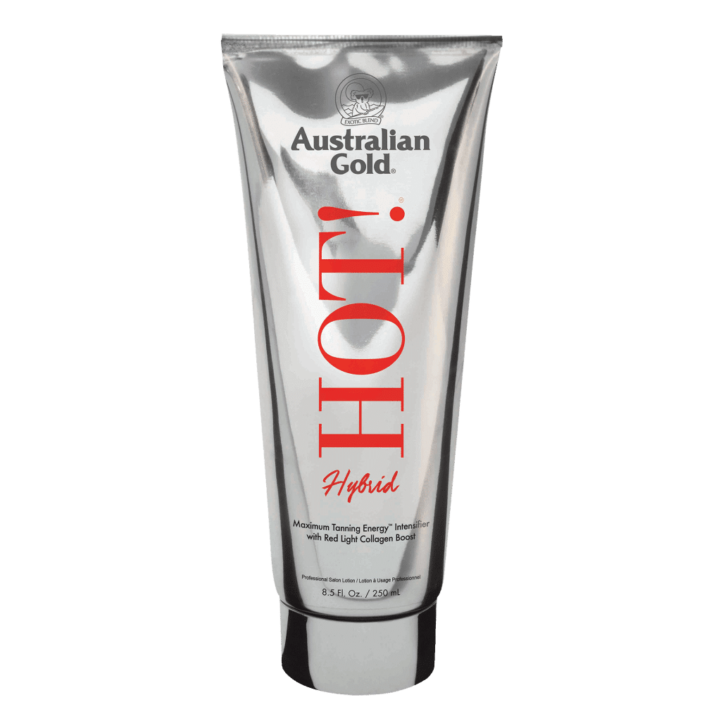 Hot Hybrid tanning lotion bottle with aloe and collagen peptides for deeper, nourished and glowing bronzed skin.