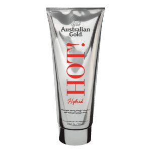 Hot Hybrid tanning lotion bottle with aloe and collagen peptides for deeper, nourished and glowing bronzed skin.