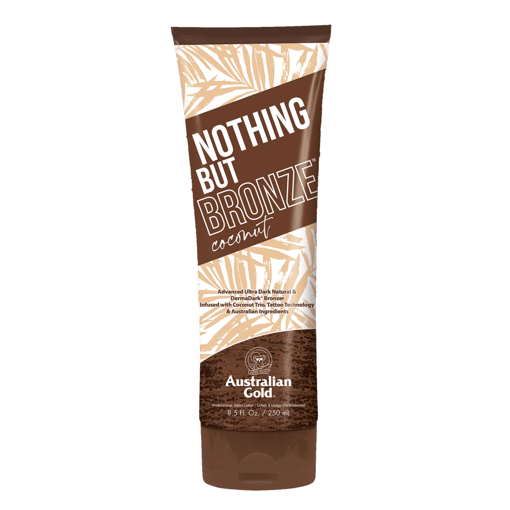Nothing But Bronze tanning lotion bottle with coconut infused bronzers to nourish skin and build rich golden colour.