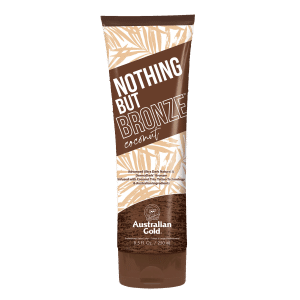 Nothing But Bronze tanning lotion bottle with coconut infused bronzers to nourish skin and build rich golden colour.