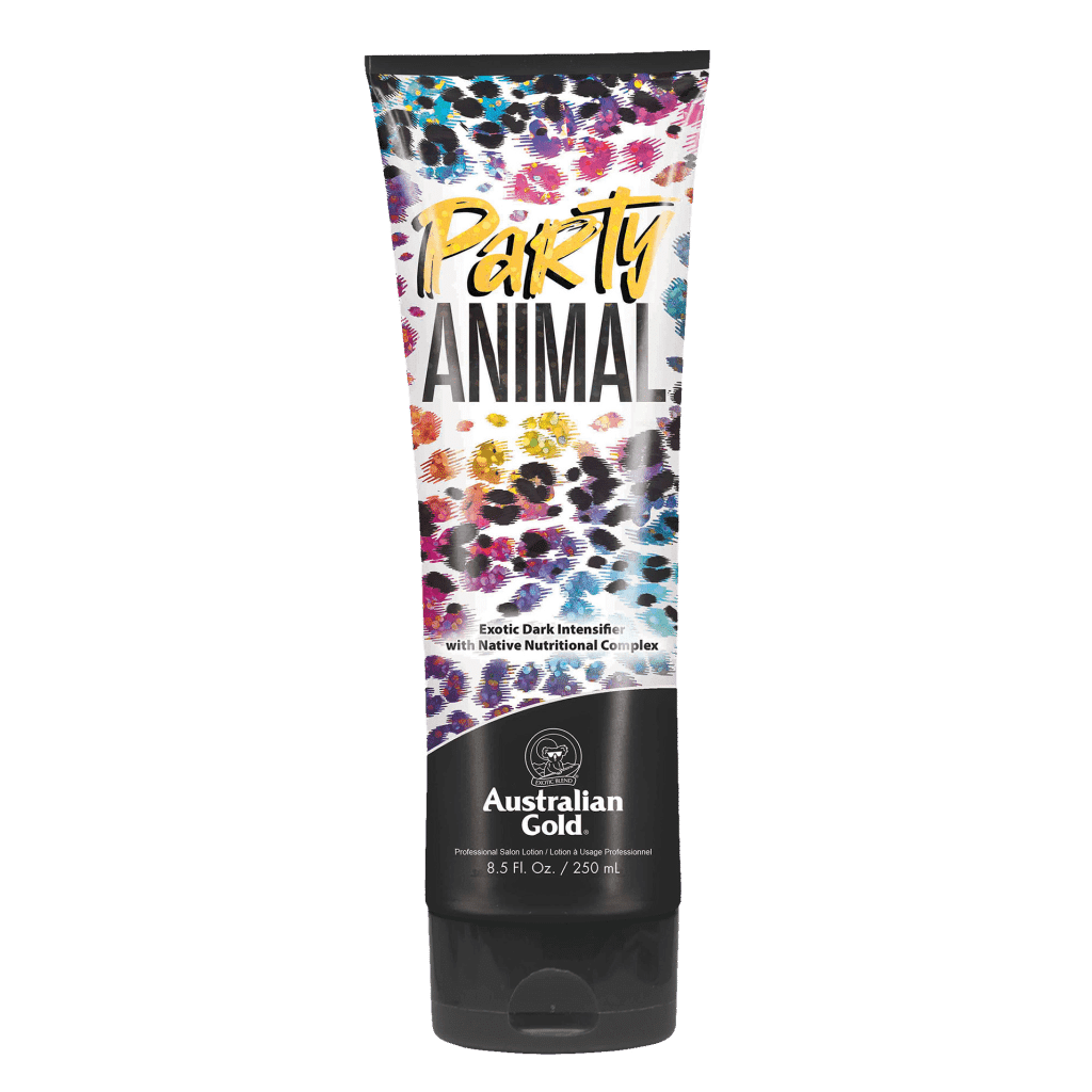 Party Animal tanning lotion bottle with skin hydration and natural bronzers to boost deep colour and protect tattoos.