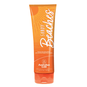 Sandy Beaches tanning lotion bottle with tropical banana extract and vitamins for smooth skin and golden glow.