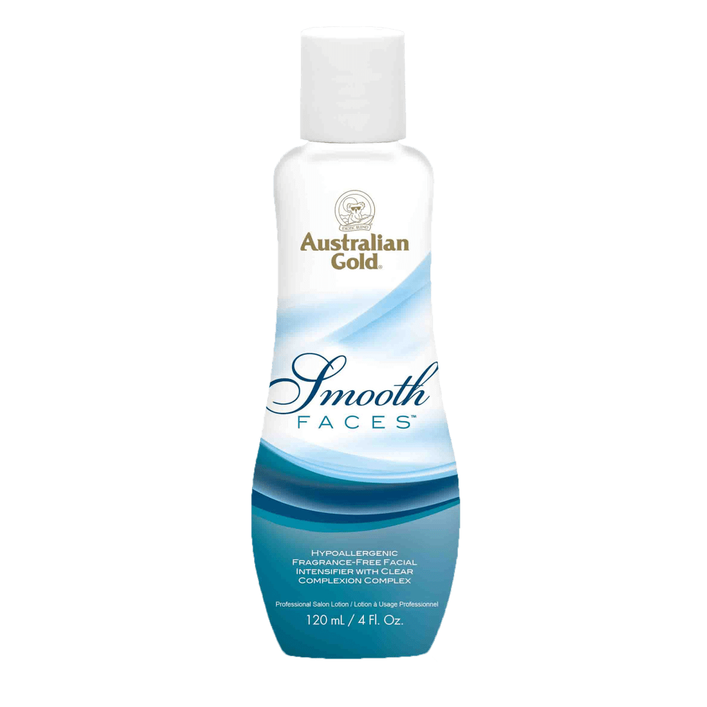 Smooth Faces tanning lotion bottle with gentle botanicals that hydrate and smooth skin for radiant healthy glow.