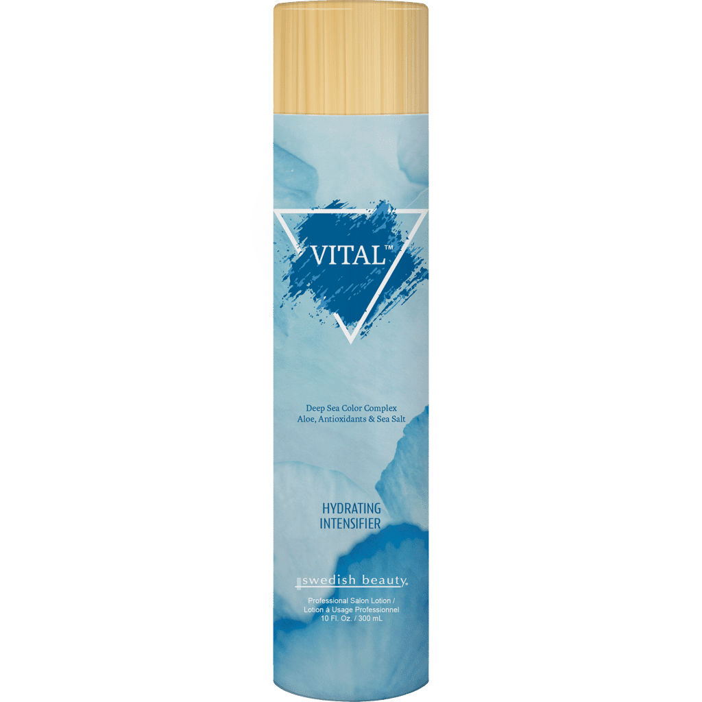 Bottle of Vital Intensifier tanning lotion with marine algae and aloe formula for deeper bronzed colour and hydrated smooth skin.
