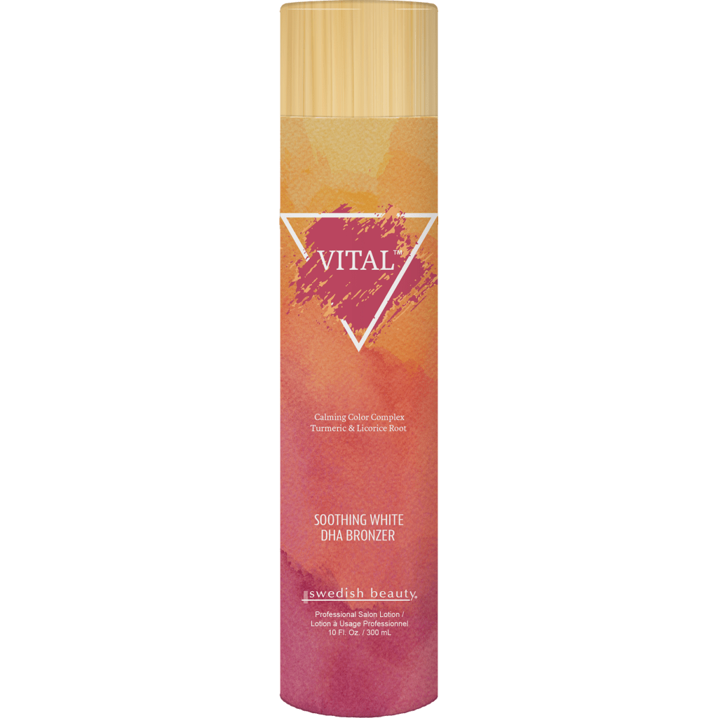 Bottle of Vital White DHA Bronzer lotion with soothing natural formula for a deep, glowing bronzed tan